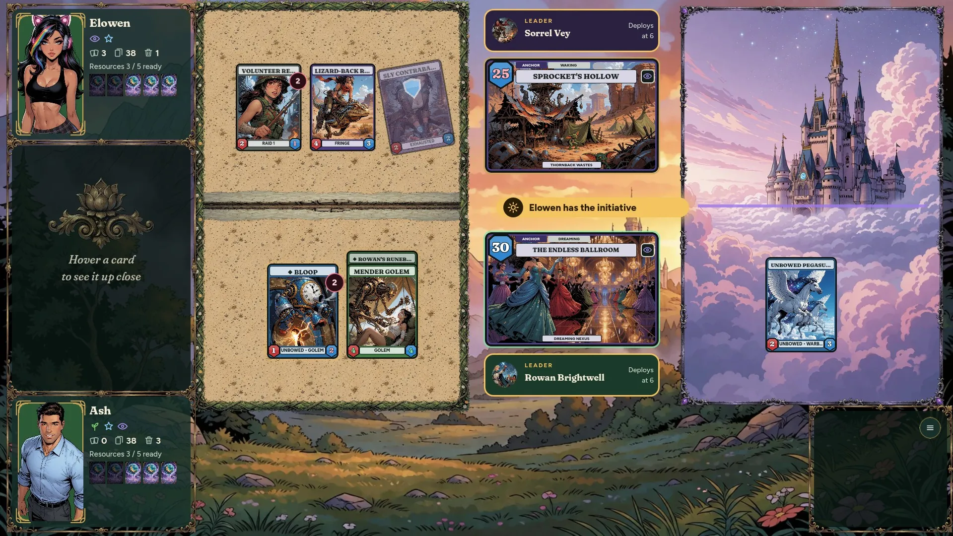 A duel in progress: both players' units in the Waking World and the Dreaming, with the two Anchors in the centre