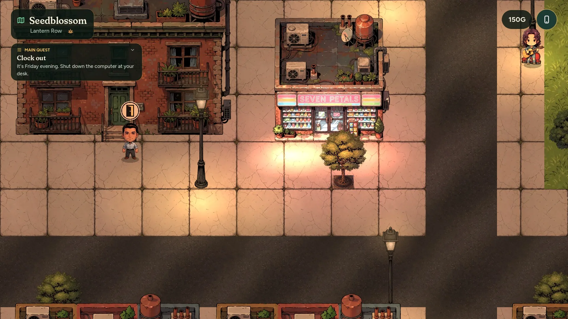 A top-down street in Seedblossom with brick shopfronts, street lamps and a quest tracker