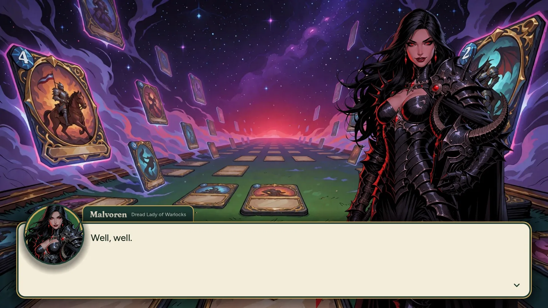 Malvoren in black armour in front of a dreamscape of floating cards and a glowing horizon