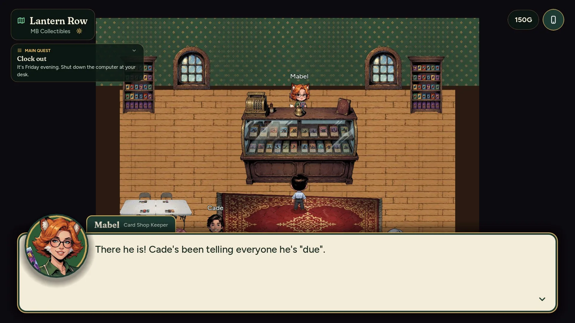 A top-down card shop interior with a glass counter, shelves of cards and Mabel speaking in a dialogue box