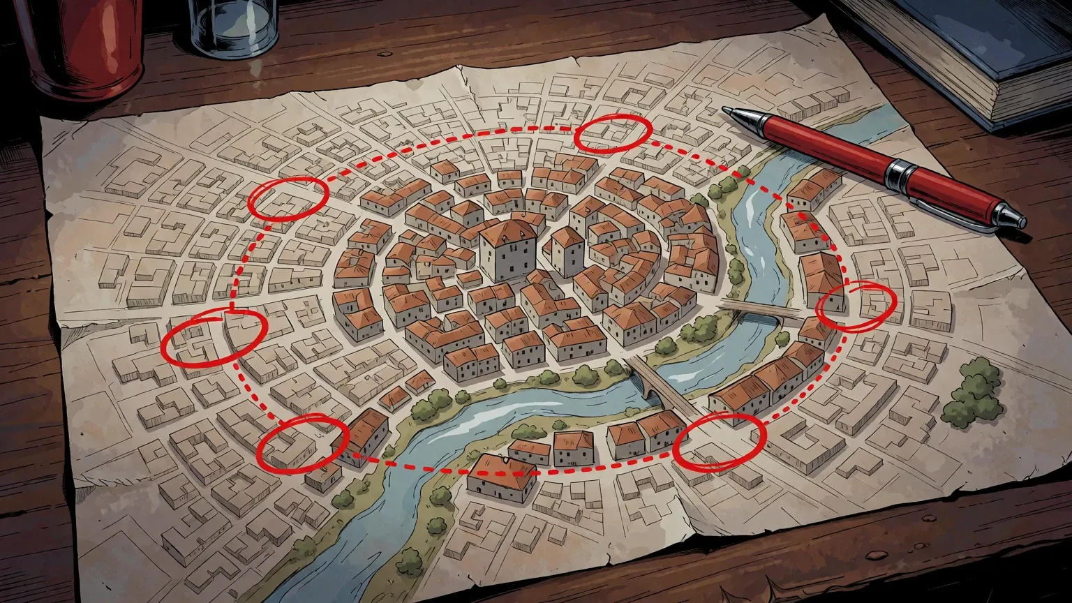 A hand-drawn map of the city with six districts circled in red